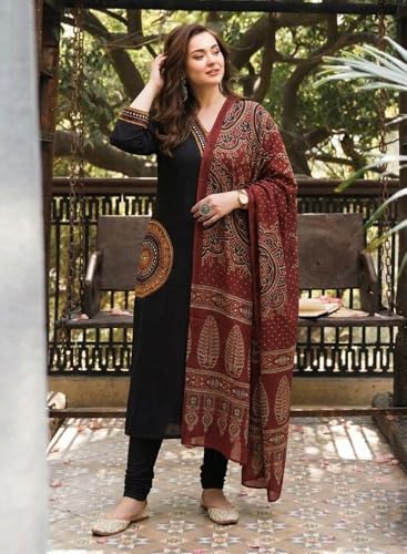 Image of ANNI Designer Women's Rayon Viscose Straight Embroidered Kurta with Pant and Dupatta | V-Neck Kurti Set | 3 /4 Length Regular Sleeves | Soft Comfortable Fabric | 3 Piece Outfit