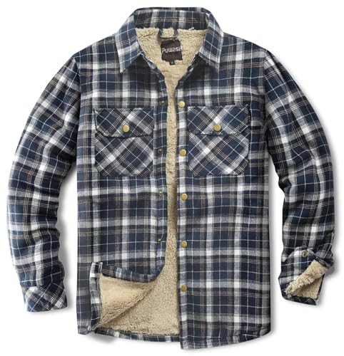 Puwasa Men's Fleece Lined Plaid Flannel Shirt Jacket Long Sleeve Button Down Coat for Men Blue Small