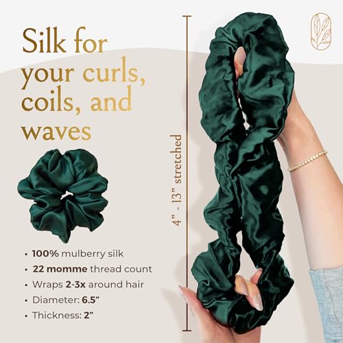Image of Silk Scrunchies for Women Ponytail Holders - Oversized Mulberry Silk Scrunchie - Extra Large No Damage Hair Tie for Curly, Thick, and Thin - Hair Accessories for Women - Emerald, XL By Curlfriend