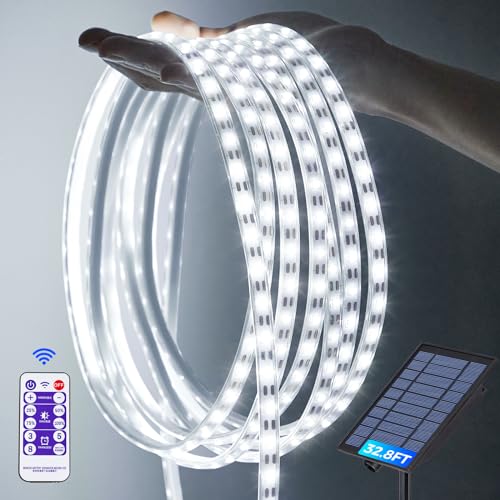 LIFENGSOLER Solar LED Strip Lights, 300LEDs 16.4FT Solar & USB Powered Dimmable LED Strip Lights with Remote, IP65Waterproof Outdoor LED Strips for Gazebo Balcony Swimming Pool Porch Home Decor