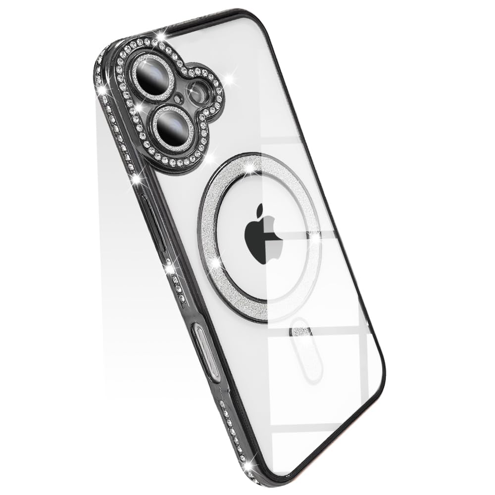 JOOBOY スマホケース 対応 iPhone 17 クリア ケース 透明 メッキ加工 Magsafe対応 きらきら ブリンブリン 衝撃吸収 かわいい キラキラ 女性 人気 キャラクター ワイヤレス充電対応 おしゃれ ストラップホール付き アイフォン17 携帯カバー (ブラック)