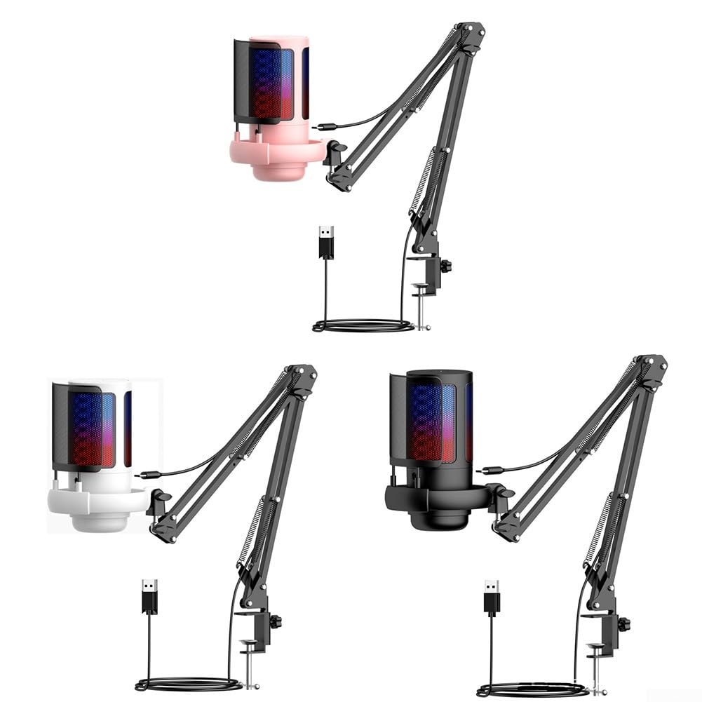 Microphone USB avec technologie de suppression du bruit et motif directionnel cardioïde offrant un gain réglable et RVB pour les jeux et l'enregistrement vocal (rose)