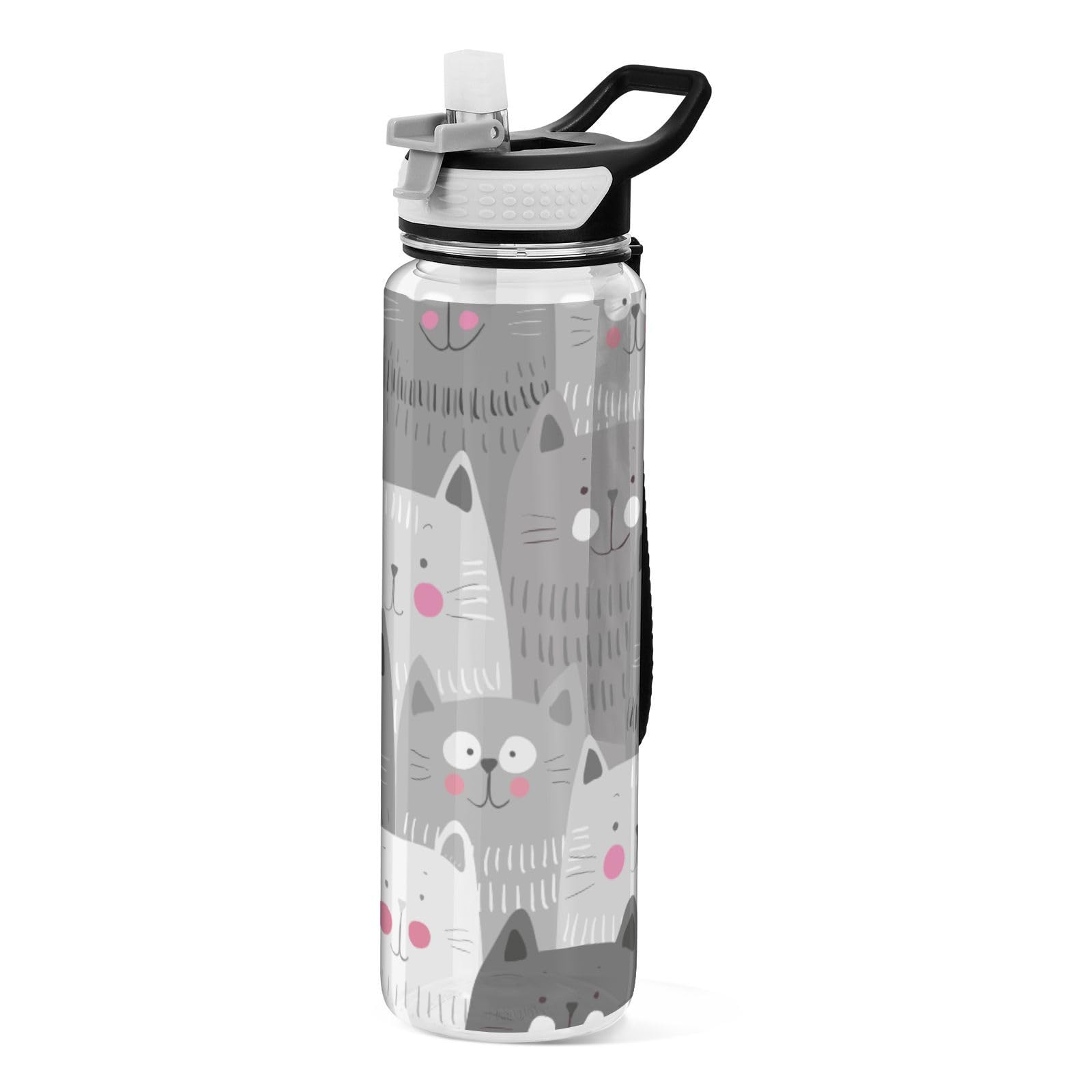Mnsruu Transparente Sport-Wasserflasche mit Strohhalm, auslaufsichere Trinkflasche, buntes nahtloses Muster, Katzen, Fahrradflaschen für Sport, Büro, Schule, BPA-freier Tritan-Kunststoff, 1 Liter