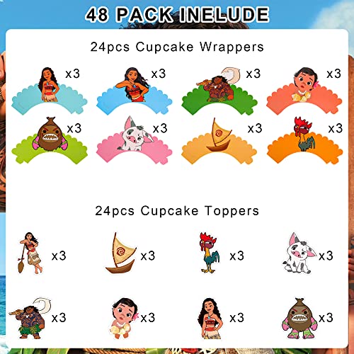 48Pcs Moana Cupcake Toppers And Wrappers Cake Decorations For Kids Birthday Theme Baby Shower Party Supplies, 24 Toppers 24 Wrappers #TOP1