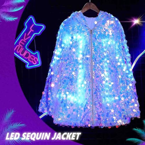 DRESBE Women's Light Up Sequin Jacket with Charging Cable Remote LED Long Hooded Coat Shiny Long Sleeve Zipper Blazer Coats for Party Club Concert (White)2