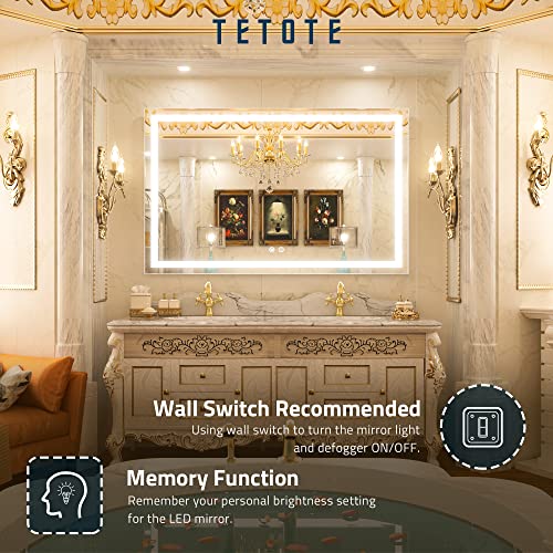 TETOTE LED Mirror for Bathroom 48 x 30 Inch Lighted Mirrors for Wall with Antifog, 3 Colors, Stepless Dimmable(Horizontal/Vertical)