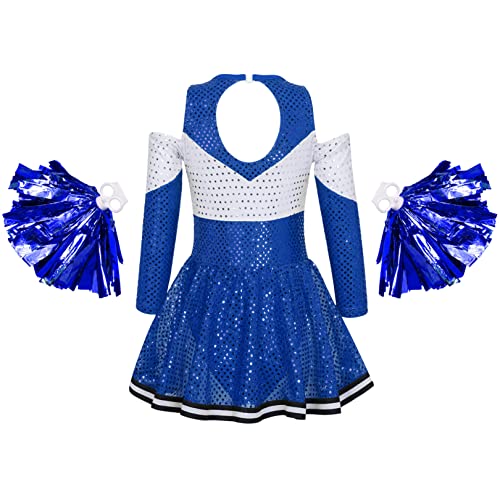 Feeshow High School Cheer Leader Long Sleeve Shiny Dress Girls Cheerleading Halloween Carnival Party Costumes Blue Set 8 Years #TOP1