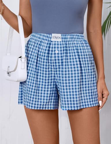 Image of LOMON Womens Boxer Shorts Casual Summer 2026 Pajama Lounge Sleep Pj Gingham Plaid Shorts Y2K Beach Bottoms