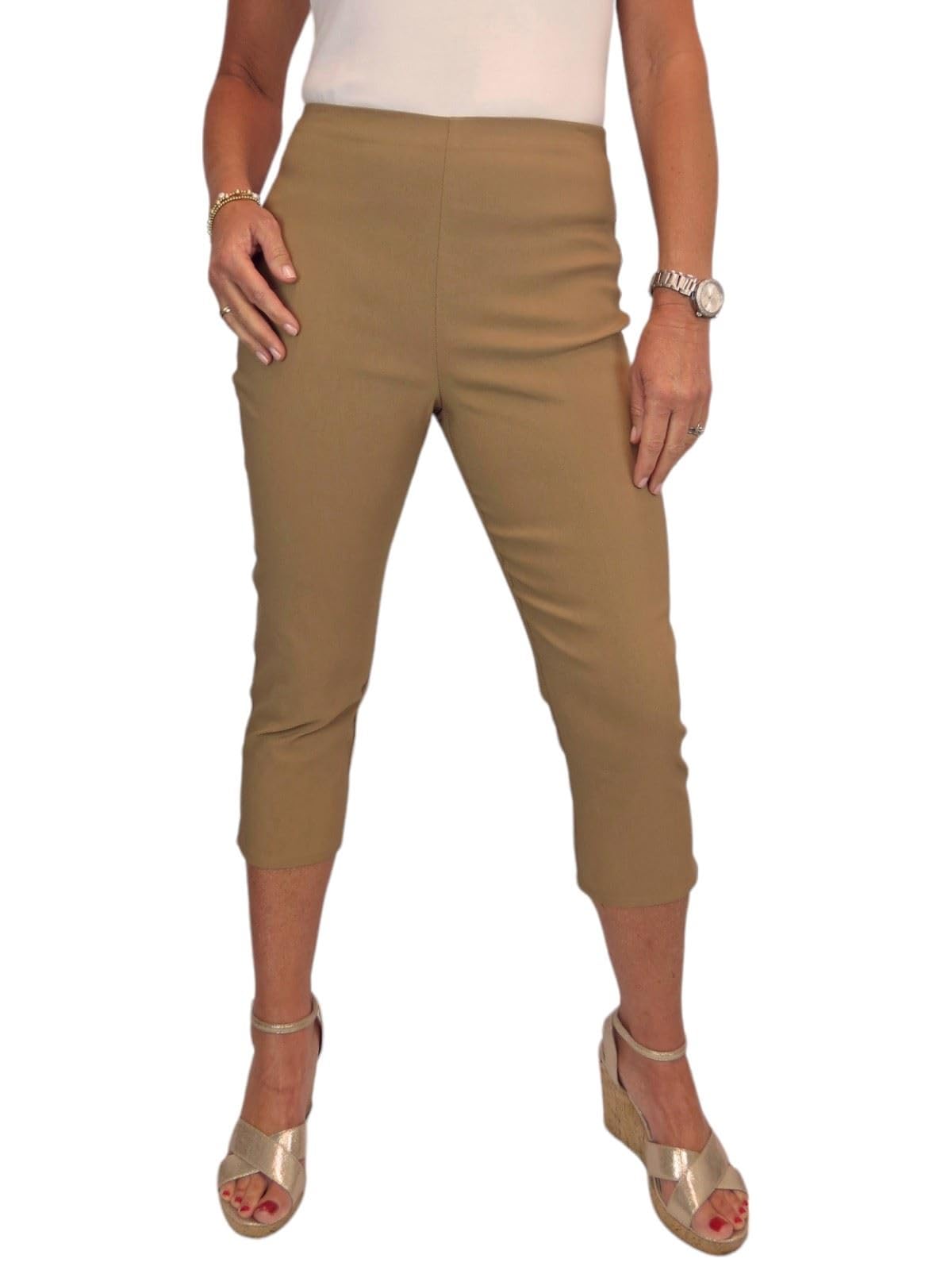 Paulo Due Women's Pull On Cropped Trousers Ladies Summer Stretch Bengaline Elasticated Waist Summer Capri Camel Beige 8-20 (16)