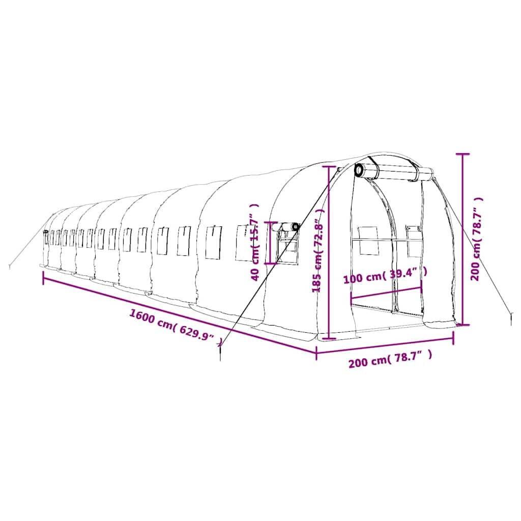 Gewächshaus mit Stahlrahmen Weiß, 32 m², 16 x 2 x 2 m, PE Folientunnel mit 4 Netzfenstern und Reißverschlusstür für Anbau, Aussaat, Keimung und frostgeschützte Pflanzenpflege