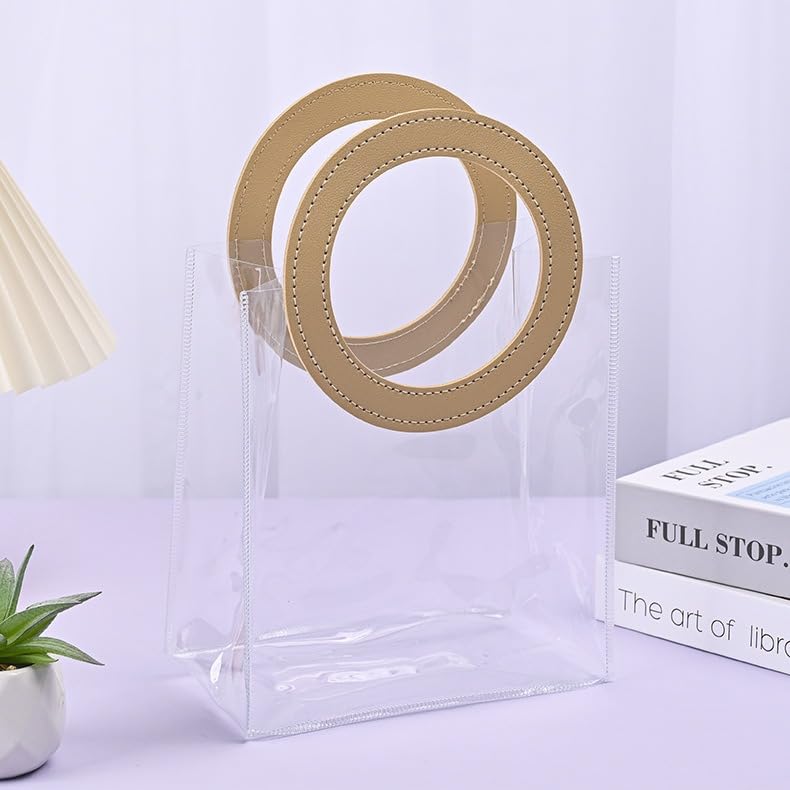 Image of SATYAM KRAFT 6 Pcs Transparent Round Leather Handle Goodie Bags |Gift Bag for Her /Him Wedding Return Gifts Christmas Valentine's Day Festivals Events Shopping Carry-Packing Bag Beige (27.5x24.5) CM