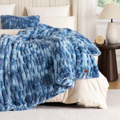 Cozy Bliss Double-Sided Soft Faux Fur Throw Blanket,60"x80", Tie-Dye Blue