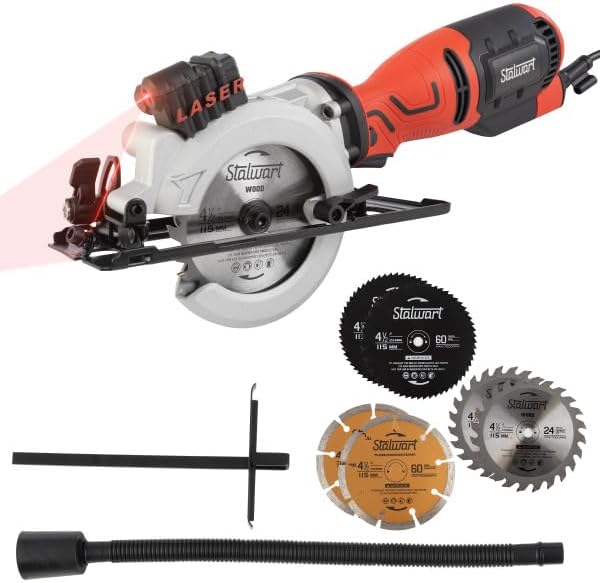 Mini Circular Saw - 5.8 Amp 4-1/2 Inch Metal, Tile, Plastic, and Wood Saw with 6 Blades and Laser Guide - 3500 RPM Compact Power Saw by Stalwart (Red)