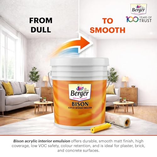 Image of BERGER Bison Interior Emulsion Paint for Walls and Ceilings with Anti-Fading Properties Acrylic Based Washable & Durable Rich Smooth Matt Finish (10Ltr, White)