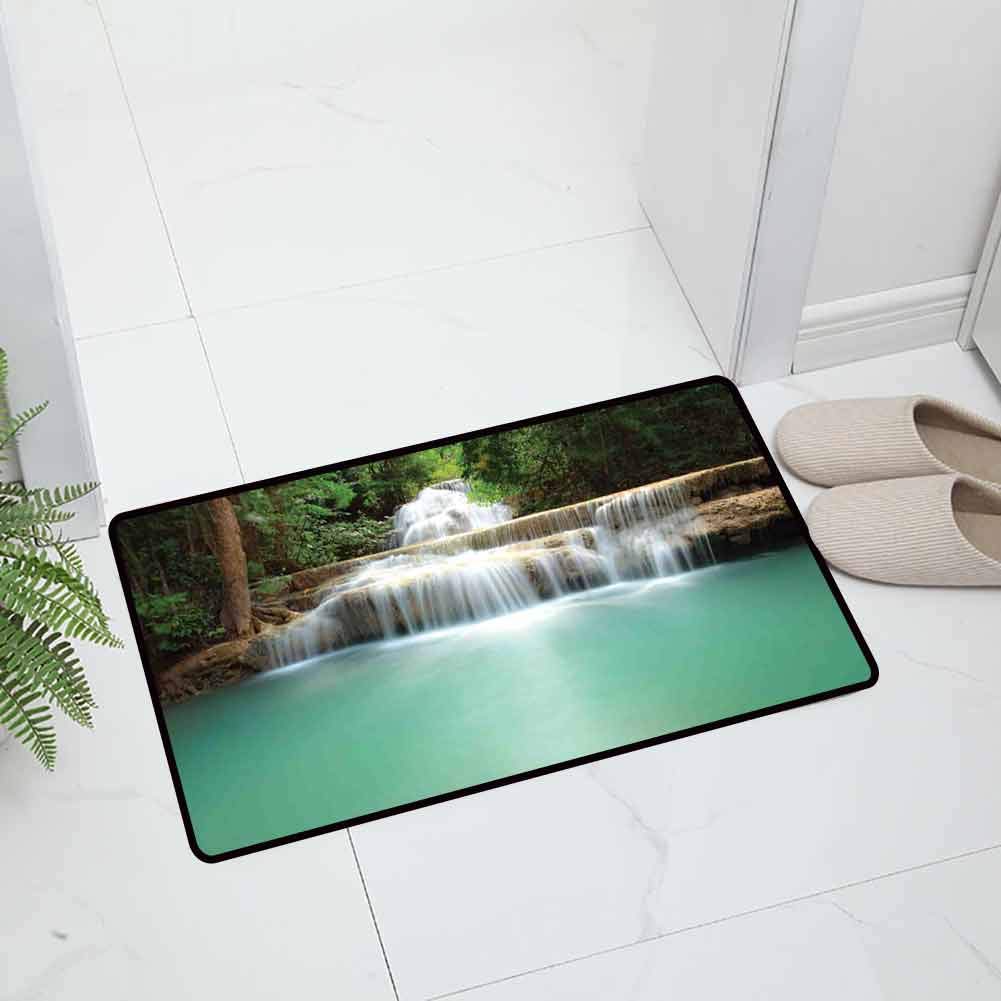 Waterfall Indoor Outdoor Non Slip Door Mat Office Door Mat Falling Stream Waterfall Natural Pond Thailand Vacation Easy to Clean, 31.5 x 19.5 inch Green Brown White