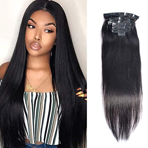 16" Straight hair Clip In Extensions 8pcs 18 Clips Real Remy Human Hair weave #1B Natural Black For Women - (16 inch/120g)
