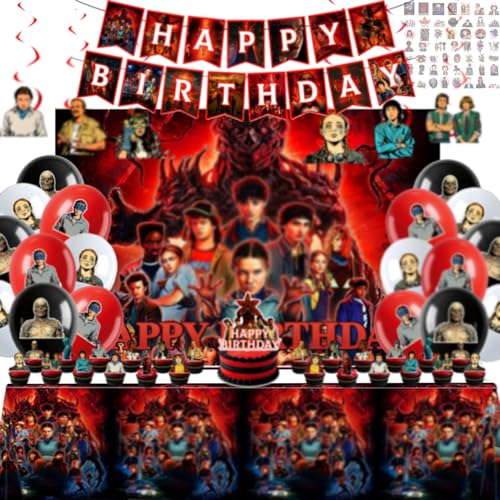 125PCS Party Stranger Birthday Decorations Supplies Kit Includes Banner Balloons Hanging Swirls Cake Cupcake Toppers Tablecloth Backdrop Stickers Themed Decor Boys Girls Things Theme