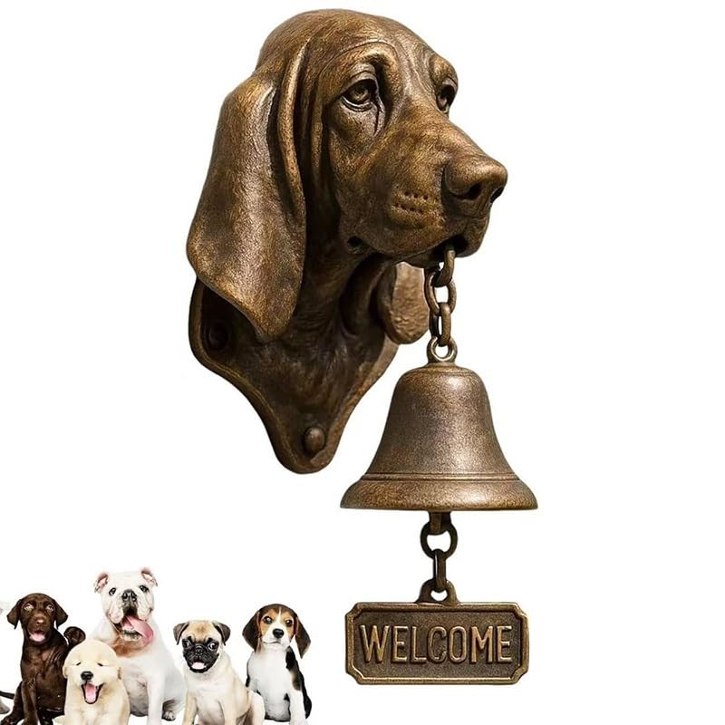 DJMAW Retro 3D Dog Welcome Doorbell – Vintage Cast Iron/Resin Wall-Mounted Entry Bell with Brass Chime for Porch, Front Door, Garden & Yard Decoration(Basset Hound)