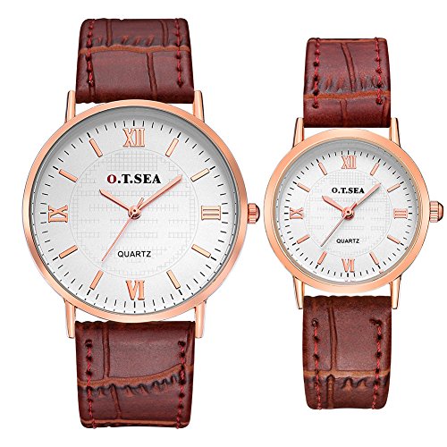 Men Women Couple Watches Quartz Wristwatches for Lovers, Leather Romantic Pair His and Hers Wrist Watches Set of 2 Pcs Brown