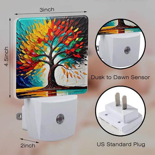 Image of Colorful Life Tree Night Light Plug into Wall, Abstract Modern Artwork Oil Painting Dusk to Dawn Night Light Plug in,0.5w Energy Saving Sleep Friendly NightLight for Kids Boys Girls Home Decor