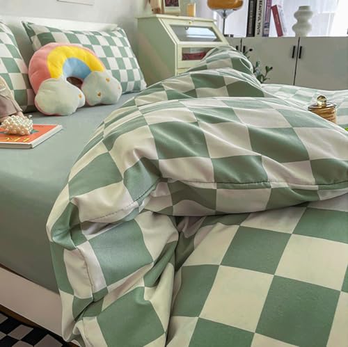 Image of KAREVER Green White Grid Comforter Set King Sage Green Plaid Bedding Set Women Light Green White Checkered Bed Set Breathable Blanket Set Men Durable Bedding Comforter Set