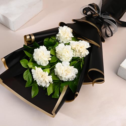 Image of FlowerAura Premium Fresh Live Flower Bouquet of 6 White Carnations In Designer Paper Gift For Birthday | Anniversary | Love | Home Decor | Fathers Day Gift For Dad (Same Day Delivery)