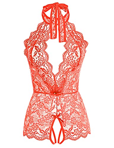 Women One Piece Lingerie Lace Baby Dolls Teddy Deep V Neck Halter Bodysuit Chemise Sleepwear (Orange Pink, Large) #TOP1