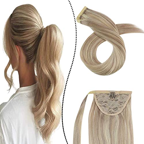 Ugeat Ponytail Blonde Hair Extensions 16Inch Wrap Around Ponytail Human Hair Extensions #P18/613 Ash Blonde Mixed Bleach Blonde 100% Real Hair Ponytail Extension 60Gram