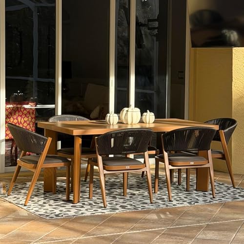 Image of PURPLE LEAF Outdoor Dining Set for 6 with HPL Table and Chairs Deep Teak