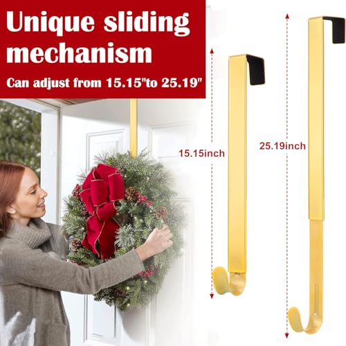 Image of Wreath Door Hanger, Adjustable Wreath Hangers for Front Door from 15 to 25 inch | Non Scratch Over the Door Hooks, 20lbs Metal Hook Perfect for Heavy Easter Halloween Christmas Wreaths Home Decorations