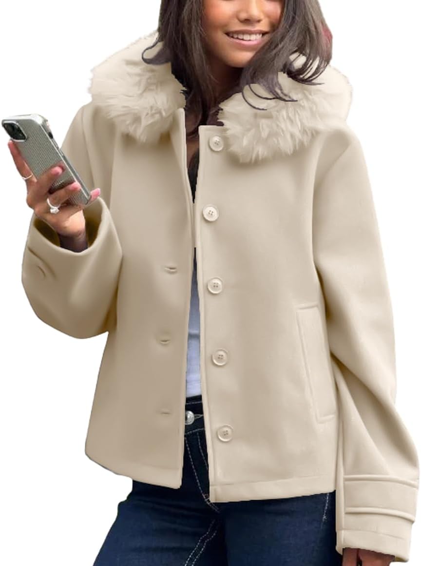 chouyatou Women's Fall Winter Short Wool Coat with Faux Fur Hood Single Breasted Casual Hooded Wool Jacket