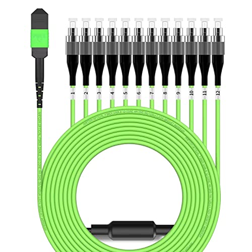 Image of AMPCOM MPO to FC Breakout Cable 50 /125μm Multimode OM5(12 Fiber, MPO to FC, Type B, LSZH /Riser, UPC, Lime Green) 10m (32ft)