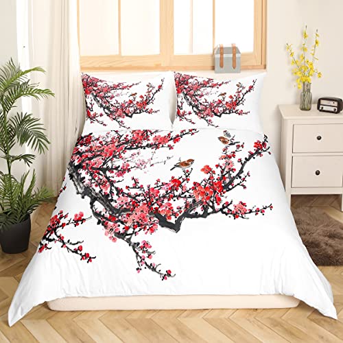 Cherry Blossoms Bedding Set Twin Size Red Floral Comforter Cover For Kids Girls Women Birds Flower Branches Botanical Duvet Cover Japanese Ukiyoe Quilt Cover Orange With 1 Pillow Case Bedroom Decor #TOP14