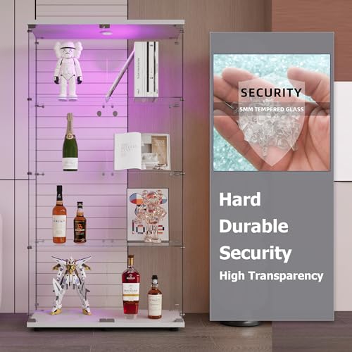 64.5" H 4-Shelf LED Lights Glass Display Cabinet with Double Door,Modern Curio Cabinet Collection Display Case,Floor Standing Bookshelf Glass Case with Lock for Living Room,Home Office (White) - Image 5