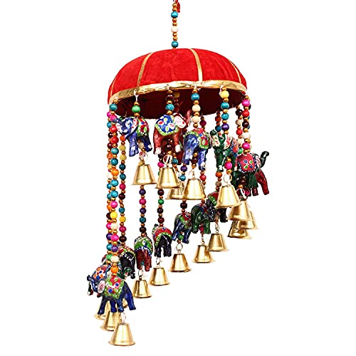 Image of Anupam Traditional Rajasthani Handicrafts Handmade Red Color Decorative Elephant Umbrella Wall & Door Hangings with Beads & Brass Bell Strings for Home Decoration & Gifting Purpose