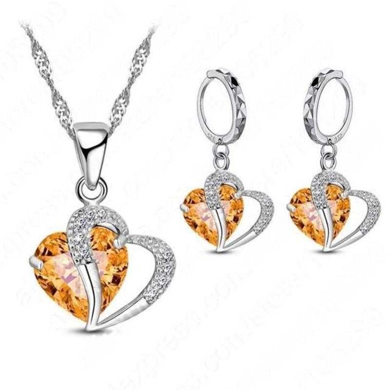 Bling Queen Women's Zirconia Double Heart Shaped Silver Plated Jewel Set