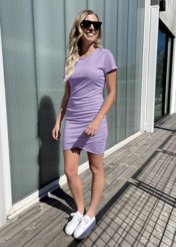 Image of BTFBM Women's Summer Dresses 2026 Casual Bodycon Mini Dress Short Sleeve Crew Neck Ruched Spring Beach Vacation Outfits