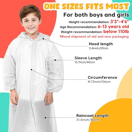Image of BFONS Rain Ponchos for Kids, Reusable Raincoats for Boys Girls with Hood and Sleeves, Waterproof Rain Jackets for Travel Outdoor White 2PCS