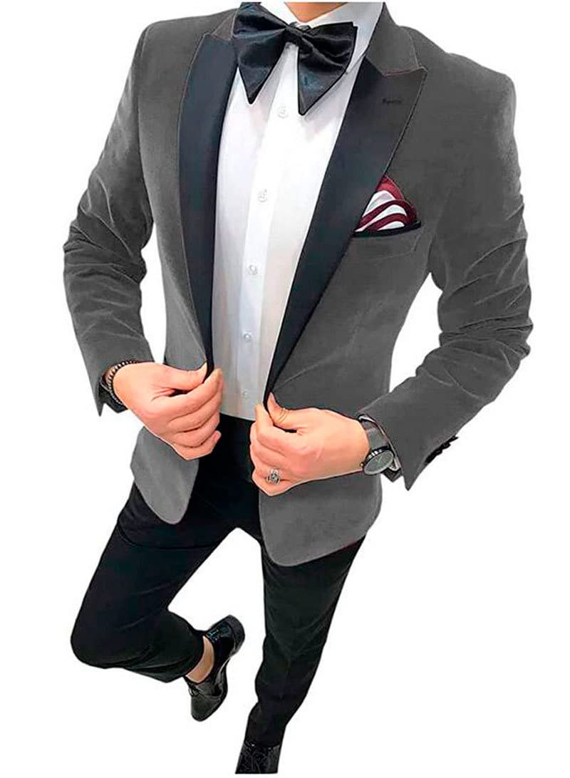2 PC Slim Fit Velluto Vestito Da Uomo Picco Risvolto Un Pulsante Business Suit Giacca Pantaloni Matrimonio Smoking, Grigio, 56