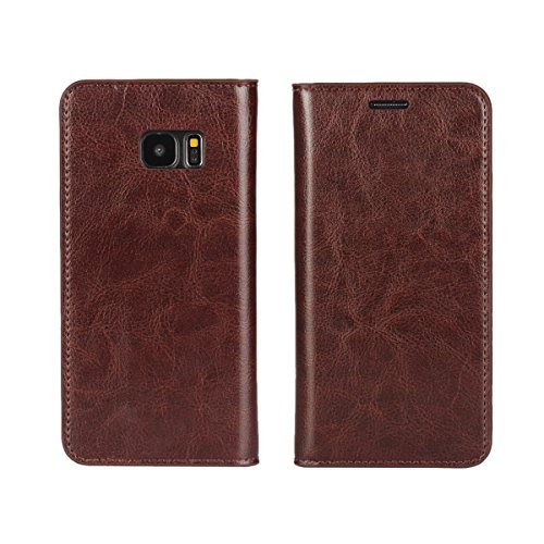 iCoverCase for Samsung Galaxy S7 Edge Case,Genuine Leather Wallet Case [Slim Fit] Folio Book Design with Stand and Card Slots Flip Case(Brown)