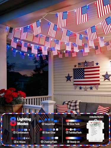 Image of 4th of July Decoration, 24FT 50LED Red White and Blue String Lights 25 American Flags, Battery Operated Patriotic Lights Waterproof 8 Modes, Remote & Timer for 250th Anniversary Independence Day Decor