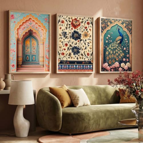 Image of kotart Indian Traditional Wall Art Paintngs Home Decoration | Madhubani Painting Vastu Peacock For Living Room Bed Room Hotel Wall Decor Digital Reprint Set of 3 (35x37 Inch)