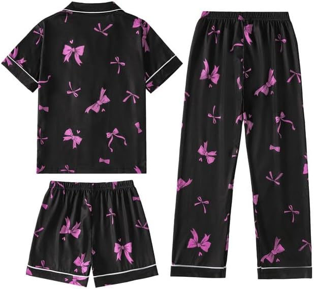 MyFav Girls Pajama Sets 3pcs Button Down Short Sleeve Top Shorts & Long Pants With Cute Patterns SleepwearNighty For Teens - Image 3