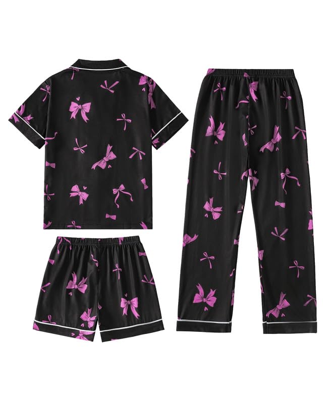 MyFav Girls Pajama Sets 3pcs Button Down Short Sleeve Top Shorts & Long Pants With Cute Patterns SleepwearNighty For Teens2