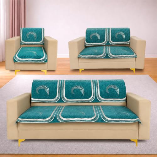 Image of Homerz Premium Chenille Fabric Sofa Cover | Soft, Durable & Dustproof | Decorative Couch Cover (Ghoomar Teal, 6 (3+2+1) Seater, Seat Cover with Backrest)