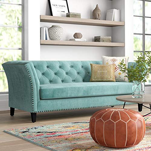 ES ESPINHO ESPN0017 Solid Sal Wood Velvet Upholstered Button Tufted Chesterfield 3 Seater Sofa Set for Living Room, Sky Blue Color