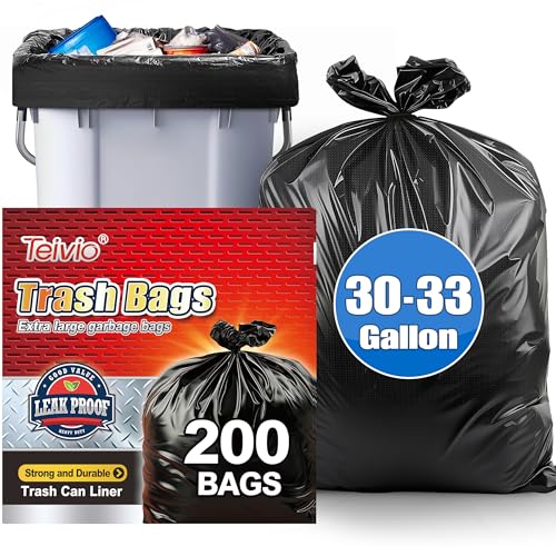 Image of Teivio Black Large Trash Bags 30-33 Gallon 200 Count | Large Multipurpose | Fit 23,25,30,33 gallon Garbage Bin Liner | Kitchen | Lawn And Leaf Bags Outdoor Yard Waste Bag | Workshops Trash