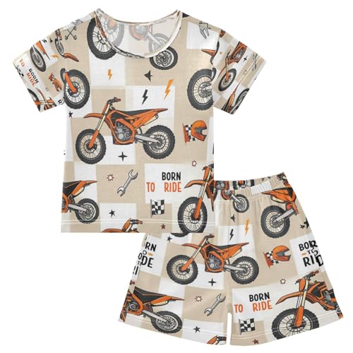 Pajama Sets Short Sleeve Motorcycle Pattern Print Design Soft Cotton Summer Sleepwear 2 Piece PJS Size 5-14T