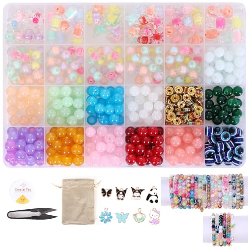 Image of Ambitieux DIY Bracelet Making Kit 575+ Beads Jewelry Set With Glass,Double,Charms Pendants Accessories,Evil Eye,Elastic Thread,Cutter & Jute Bag Craft Kit For Girls,Kids & Adults (Jelly),Multicolor