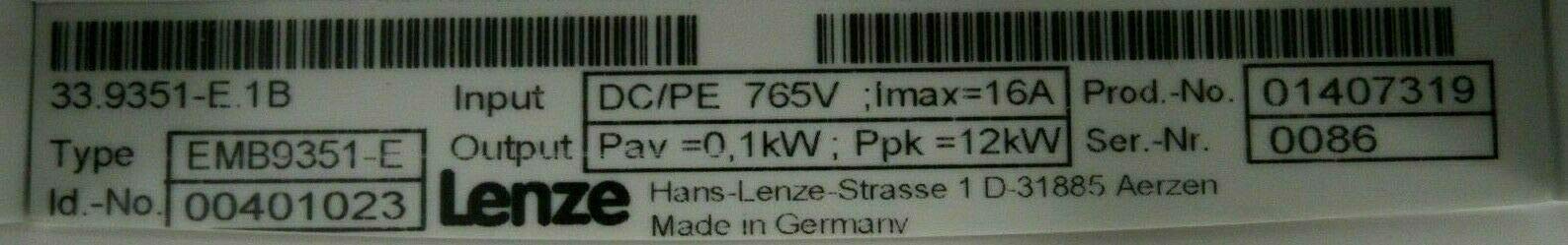 LENZE EMB9351-E Brake Module Internal Resistor 16AMP 765V 12KW